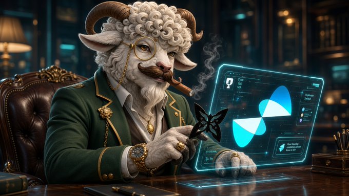 A digital illustration depicts an anthropomorphic ram with curled horns, a white beard, and a monocle, wearing a green suit and smoking a cigar while interacting with a glowing holographic butterfly display in a dark library setting.