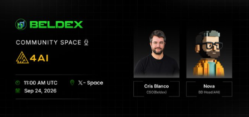Promotional banner for a 'BELDEX COMMUNITY SPACE' X-Space event featuring '4AI' with Cris Blanco (CSO@Beldex) and Nova (BD Head/4AI), scheduled for 11:00 AM UTC on Sep 24, 2026.