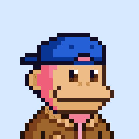 A pixel art portrait of a character with blue hair, tan skin, and a pink earring against a light blue background.