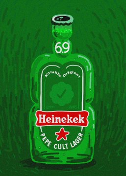 An illustration of a green Heineken beer bottle with "69" on the neck and "Heineken Pere Cult Lager" label parody text.