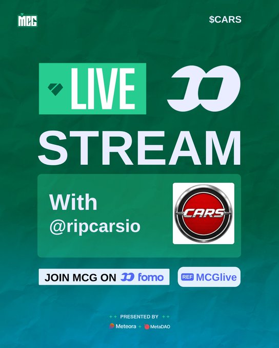 A promotional graphic with the text 'LIVE STREAM With @ripcarsio', 'MCG', 'fomo', and 'MCGlive' on a green background.