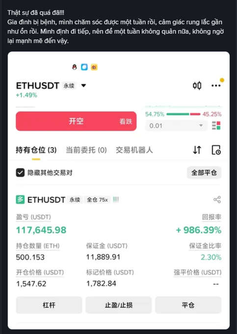 A cryptocurrency trading interface in Chinese showing ETHUSDT perpetual contract with a position profit of 117,645.98 USDT and +986.39% return rate, accompanied by Vietnamese text about being exhausted from a week of caring for a sick family member.