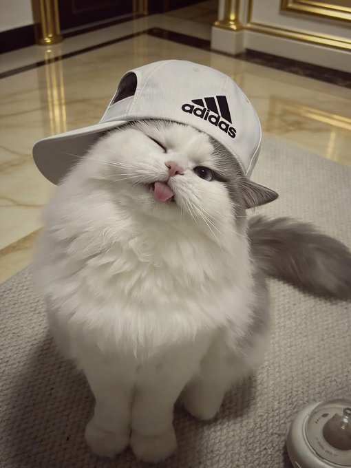A fluffy white and gray cat wearing an Adidas cap sits on a rug with its tongue sticking out.