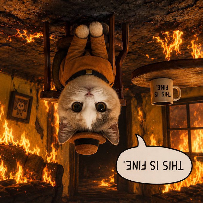 The image features a cartoon cat wearing an orange shirt, sitting on top of a chair with its paws up in the air. A speech bubble above the cat reads "$usdc @UpSideD0wnCat", which seems to be a humorous commentary about the cat's situation or a reference to the post that says "$usdc @UpSideD0wnCat". The scene takes place in an environment with flames, suggesting that it could be a fire-themed illustration.