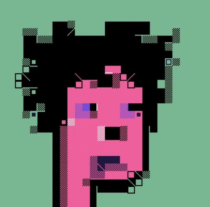 A pixel art illustration of a face with dark curly hair and pink skin on a green background.