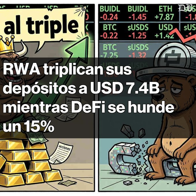 A Spanish-language crypto meme showing a bull with gold and a bear with a broken magnet, with text "RWA triplican sus depósitos a USD 7.4B mientras DeFi se hunde un 15%" over a background of crypto price tickers including BUIDL, ETH, BTC, and sUSDS.