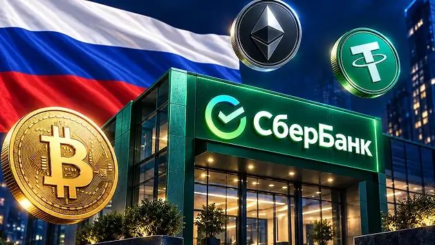 The image depicts a SberBank building prominently displaying its logo, set against the Russian flag, with Bitcoin, Ethereum, and Tether coin icons floating above—symbolizing the bank's new approval as a crypto custodian for BTC, ETH, and USDT products.