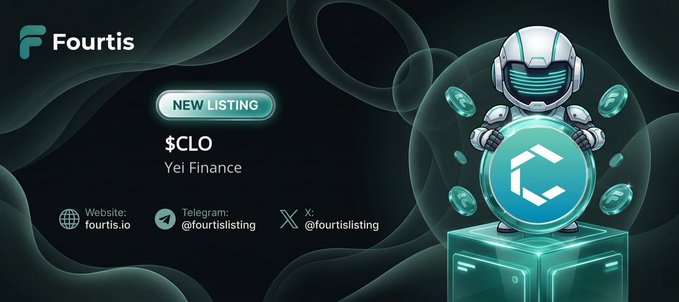 The image presents a promotional graphic for Fourtis, which appears to be related to coin lists. The graphic features two robot characters representing robots from a video game called "FOURTIS", with one character holding up a block of information about a new listing on a cryptocurrency platform known as the "Fourtis Platform Listing". The robot in front is wearing a white helmet and has blue eyes, while the other robot in the background wears a red helmet. Both robots are standing next to each other against a dark gray backdrop with some floating elements, making it visually appealing and catching attention for the Fourtis listing.