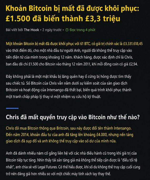 A Vietnamese article titled 'Khoản Bitcoin bị mất đã được khôi phục: £1.500 đã biến thành £3,3 triệu' about a man named Chris recovering lost Bitcoin worth £3.3 million.
