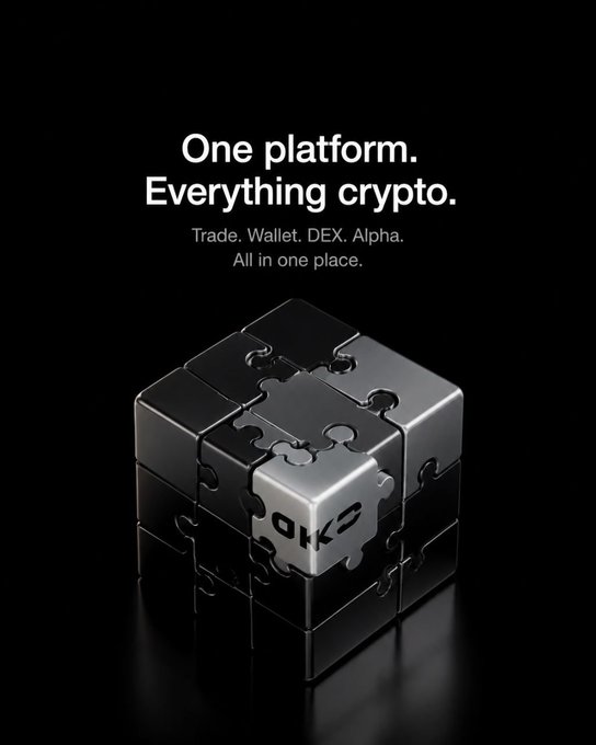 A sleek black cube composed of interlocking puzzle pieces sits against a dark background, displaying the "OKX" logo on its front face. Bold white text above reads "One platform. Everything crypto." with the subtitle "Trade. Wallet. DEX. Alpha. All in one place."

The puzzle-piece design visually reinforces the post's message—showing how OKX pieces together all the fragmented tasks of a crypto trader's day (trading, swapping, wallet management, tracking) into one unified platform, eliminating the need to juggle multiple apps.