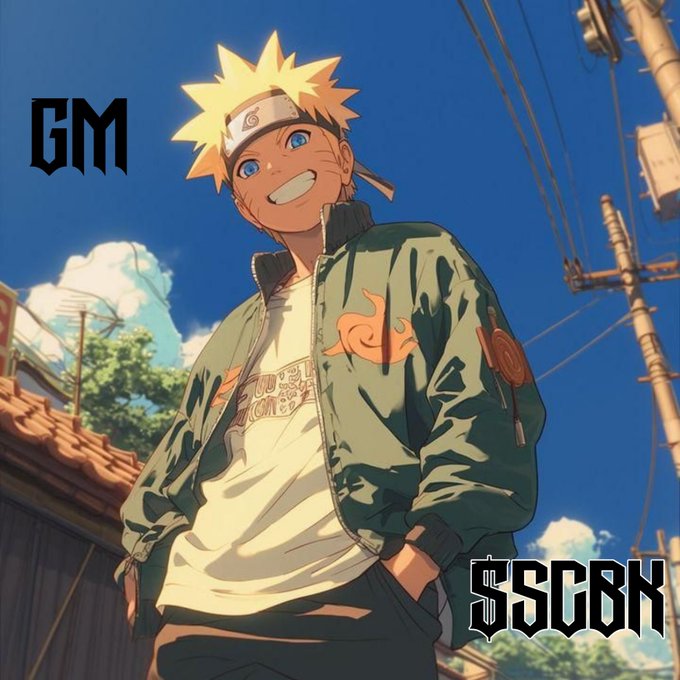 An anime-style illustration of Naruto Uzumaki smiling under a blue sky, with the text 'GM' and '$SSCBK' overlaid.