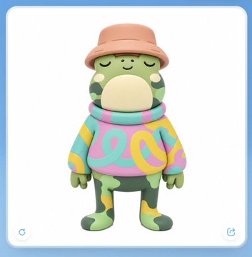 A cute cartoon character resembling a frog or dinosaur with green camouflage skin, wearing a pink hat and a pastel-colored hoodie with the number "20" on it, stands smiling. The image appears to be a 3D-rendered figure or toy, fitting the post celebrating Doodles' new toy factory.