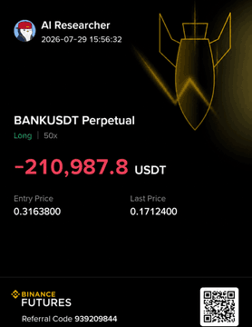 A screenshot of a trading position showing 'BANKUSDT Perpetual' with a loss of '-210,987.8 USDT', entry price 0.3163800, last price 0.1712400, on Binance Futures (Referral Code 939209844).