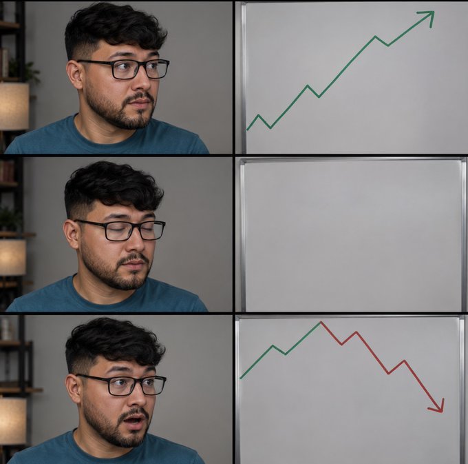 A man with glasses reacts to a whiteboard showing a stock chart that begins trending up (green upward arrow), briefly goes blank, and ends trending sharply down (green turning to red, with a red downward arrow)—visualizing the post's warning, "Don't blink."