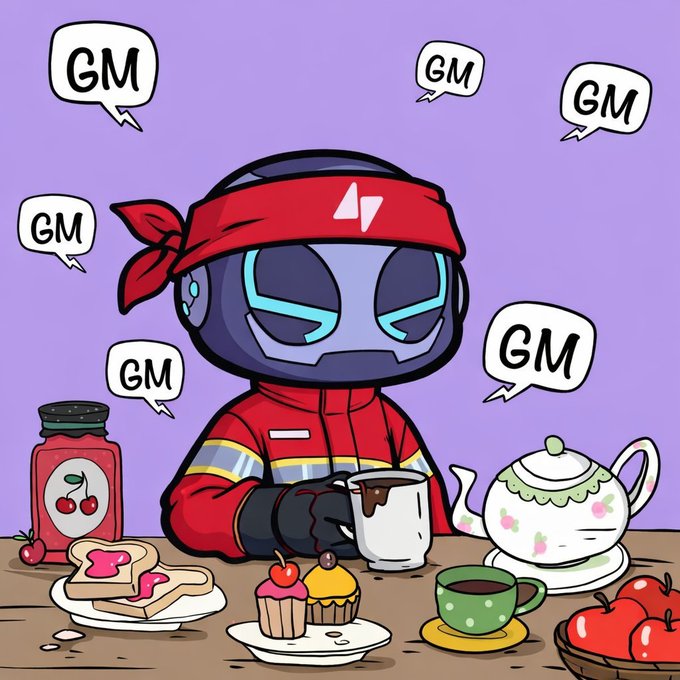 A cartoon robot wearing a red bandana and jacket sits at a table with various foods and a cup of coffee, surrounded by speech bubbles saying 'GM'.