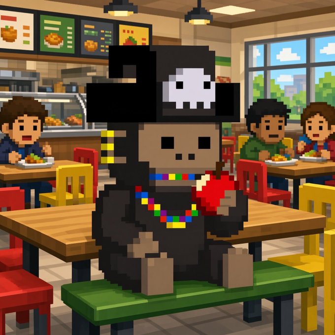 A pixel-art gorilla wearing a rainbow beaded necklace and a black pirate hat with a skull emblem sits at a table in a colorful fast-food restaurant, holding an apple.
