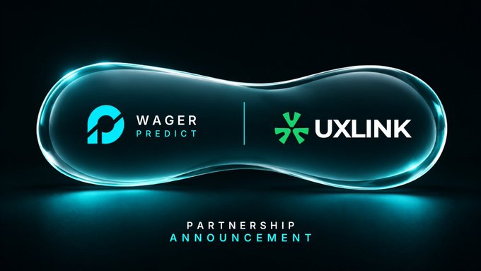 A digital partnership announcement banner showing logos for 'WAGER PREDICT' and 'UXLINK' inside a glowing capsule shape against a dark background.