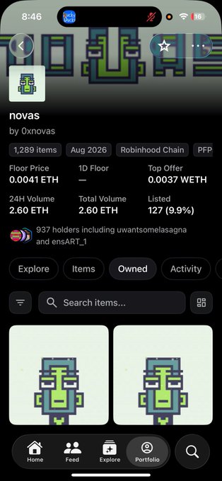 A mobile screenshot of the OpenSea app showing the 'novas' NFT collection by 0xnovas with a floor price of 0.0041 ETH on the Robinhood Chain.