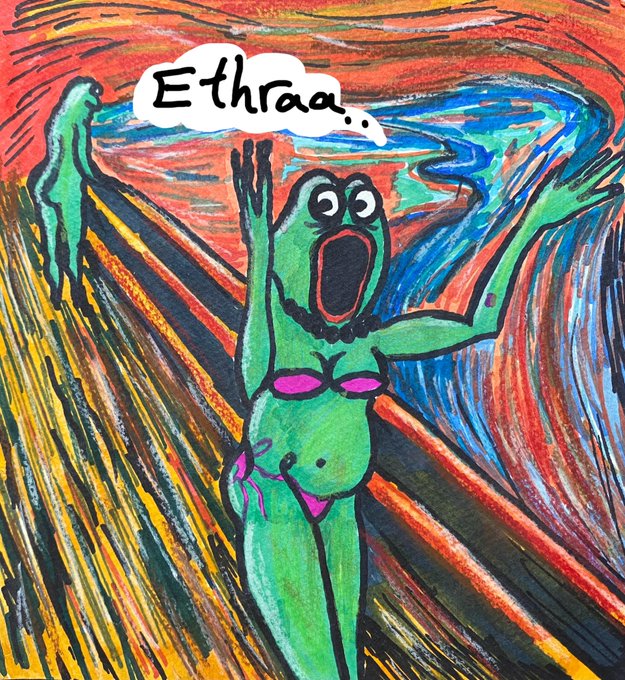 A parody of Edvard Munch's 'The Scream' painting, drawn in crayon style, depicting a green anthropomorphic frog character wearing pink bikini bottoms, screaming in terror with a speech bubble reading 'Ethraa...'