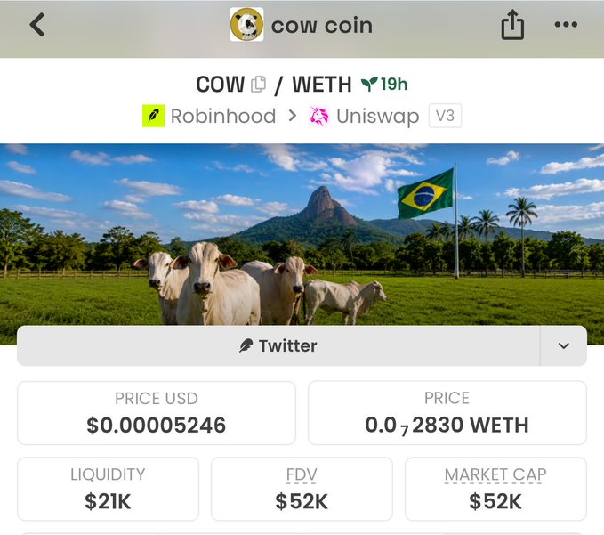 The image displays a crypto tracking page for "cow coin" (COW/WETH trading pair on Uniswap V3 via Robinhood), priced at $0.00005246 with $21K liquidity and a $52K market cap, featuring an AI-generated photo of cows in a Brazilian pasture with the country's flag. It relates to the post by showcasing the meme token's metrics while humorously tying into the joke about tokenized cows "producing milk" — though based on the listing, these cows only seem to produce modest trading volume rather than dairy.