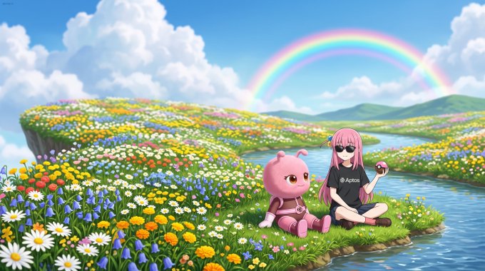 A pink-haired anime-style character wearing an "Aptos" t-shirt sits beside a pink Pokémon-like creature in a vibrant flower-filled meadow with a rainbow overhead, visually tying the Pokémon nostalgia to the Aptos blockchain brand mentioned in the caption.