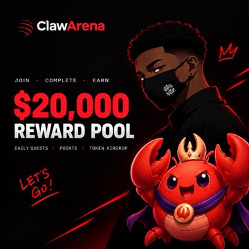 A promotional graphic for 'ClawArena' advertises a '$20,000 REWARD POOL' with the tagline 'JOIN · COMPLETE · EARN' and features a red crab mascot wearing a crown and cape.
