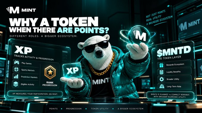 A promotional graphic for 'MINT' featuring a bear in sunglasses, with the headline 'WHY A TOKEN WHEN THERE ARE POINTS?' explaining the XP and $MNTD ecosystem.