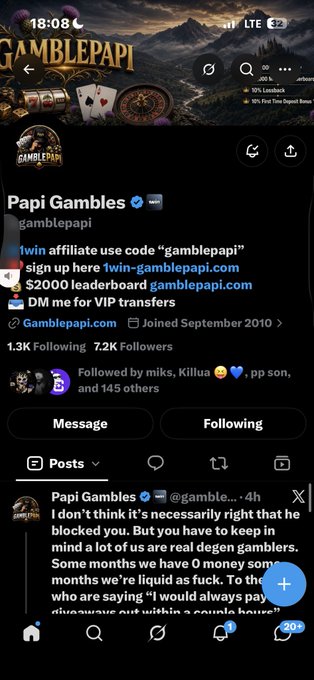 Twitter/X profile of 'Papi Gambles' (@gamblepapi), a gambling affiliate promoter with 7.2K followers, displaying recent posts about crypto gambling and Degen Gambles VIP services.