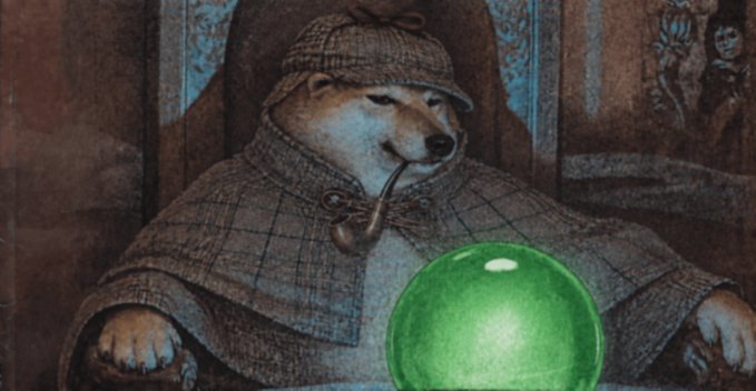 An anthropomorphic dog wearing a Sherlock Holmes-style deerstalker hat and checkered cape sits thoughtfully with a pipe in its mouth, gazing at a glowing green crystal ball. The image depicts a "pipedog"—a dog with a pipe—paired with a clairvoyant crystal ball, visually representing the meme coin $PIPEDOG, which the post claims has $9.3M in liquidity.