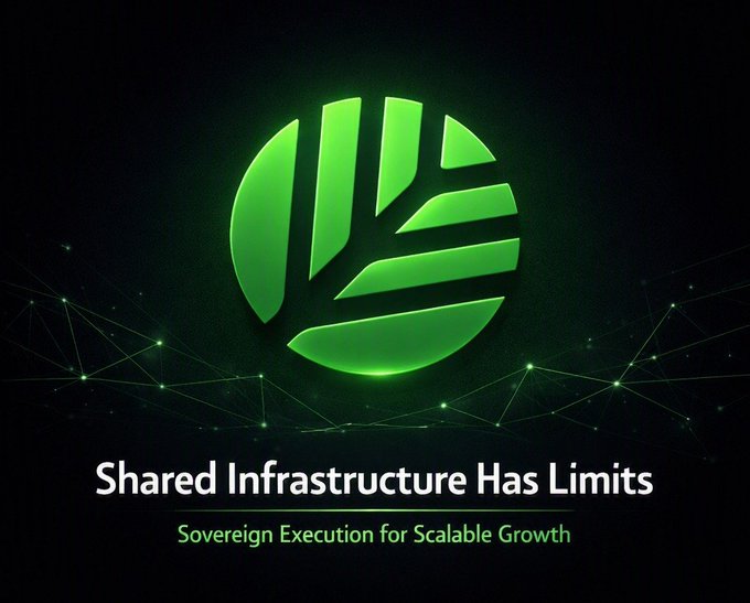 A digital graphic with a green circular leaf-like logo on a dark background, accompanied by the text 'Shared Infrastructure Has Limits' and 'Sovereign Execution for Scalable Growth'.