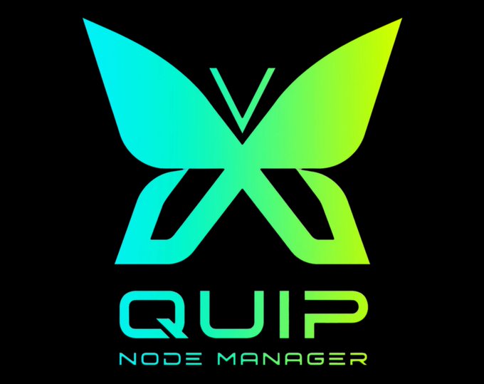 A logo featuring a teal and green butterfly-like emblem with the text "QUIP NODE MANAGER" displayed below on a black background.