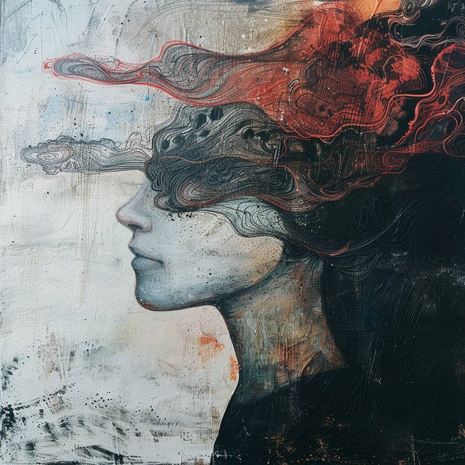 A surreal mixed-media artwork featuring a grayscale profile portrait of a woman whose hair transforms into swirling, smoky tendrils of black, red, and orange against a textured, paint-splattered background.