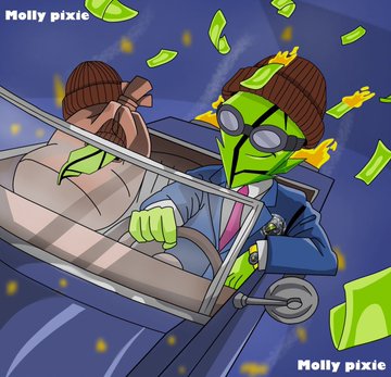 A cartoon depicting two criminals in a getaway car wearing ski masks, one of which appears green-tinted, with green money flying around and 'Molly pixie' watermarks visible.