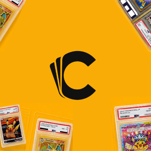 A graphic featuring a stylized black 'C' logo on a yellow background, surrounded by graded Pokemon trading cards including what appears to be Pikachu and other cards in PSA grading slabs.