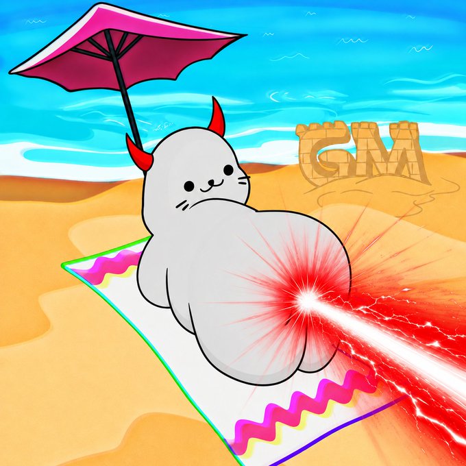A cartoon devil with a mischievous grin suns on a beach towel under a pink umbrella, firing a powerful laser beam from its rear toward a "GM" sandcastle. The absurd and chaotic scene perfectly matches the post's irreverent "Lazer Rectum" humor with its shockingly absurd visual punchline.