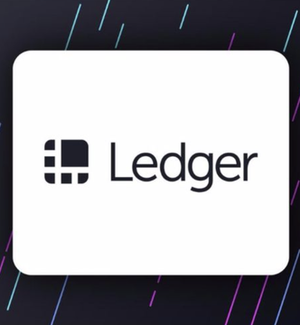 The image shows the Ledger logo—a stylized wallet-like icon next to the word "Ledger"—displayed on a white card against a dark background with colorful diagonal lines. This branding ties directly to the post's announcement about Ledger's new AI Agent Stack, which enables AI agents to interact with users' crypto wallets while requiring hardware device approval for security.