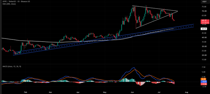 HIVE Interactive Stock (HIVE) 1D Binance.US candlestick chart from February to August showing a wedge/triangle pattern with EMA lines and MACD indicator below, currently around $58.