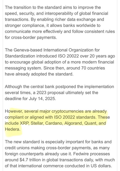 **Caption:** A highlighted news excerpt notes that several major cryptocurrencies—including XRP, Stellar, Cardano, Algorand, Quant, and Hedera—are already compliant with the ISO 20022 standard, aligning with the post's claim that these "overlooked" projects could drive market outperformance.

**Key details:** ISO 20022, adopted by ~70 countries; Fedwire processes ~$4.7 trillion daily; tokens mentioned: XRP, XLM, ADA, ALGO, QNT, HBAR (plus XDC and IOTA referenced in the post but not the image).
