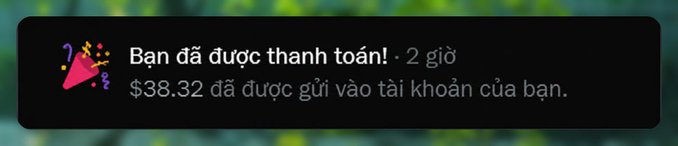 A dark-themed notification in Vietnamese reads "Bạn đã được thanh toán! · 2 giờ" and "$38.32 đã được gửi vào tài khoản của bạn," indicating that $38.32 has been deposited into the user's account. The image accompanies the post's complaint about how even X Pay payouts (like this meager $38.32) are too small to cover basic living expenses, reinforcing the user's decision to step back from airdrop farming on the platform.