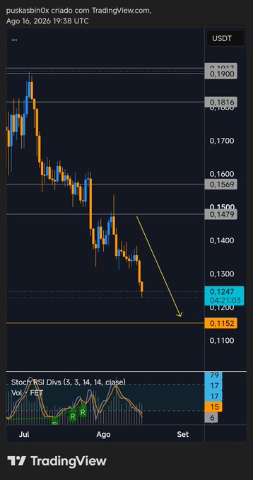 A TradingView chart for $FET/USDT dated August 16, 2026, shows a sharp downtrend reaching a low of 0.1247, with the post suggesting investors "hold on" as prices approach support near 0.1152, implying better times ahead.