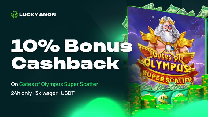A promotional graphic for 'LUCKY ANON' offering a '10% Bonus Cashback' on 'Gates of Olympus Super Scatter' featuring an image of Zeus and stacks of cash, with terms '24h only · 3x wager · USDT'.