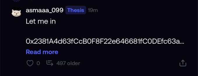 A Discord message from user 'asmaaa_099' says 'Let me in' followed by a long hexadecimal string starting with '0x2381A4d63fCcB0F8F22e64668tfC0DEfc63a...'.