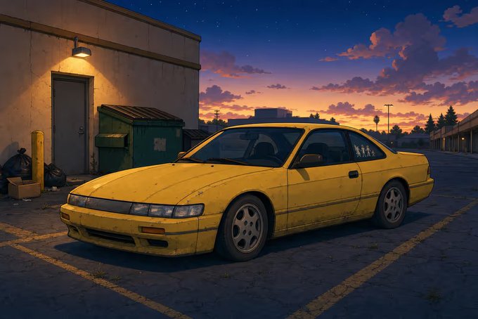 Anime-style illustration of a yellow sports car parked in a lot at sunset, with Japanese characters on the window.