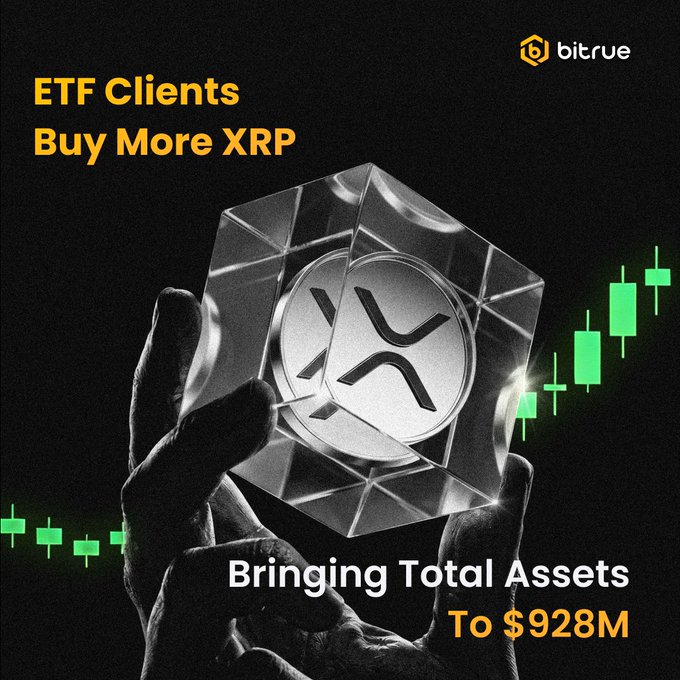 The image is a Bitrue promotional graphic featuring a hand holding a transparent cube containing the XRP logo, with green candlestick charts in the background, and text reading "ETF Clients Buy More XRP" and "Bringing Total Assets To $928M." It visually reinforces the news of growing institutional interest in XRP, highlighting the $2.05 million in recent ETF purchases and the $928 million total in ETF-held assets.