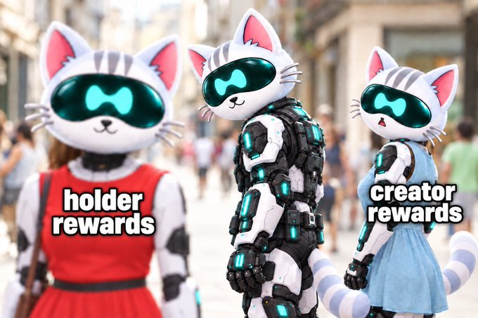 Three robot-like characters with cat helmets and glowing visors standing on a street, labeled 'holder rewards' (in a red dress) and 'creator rewards' (in a blue dress).