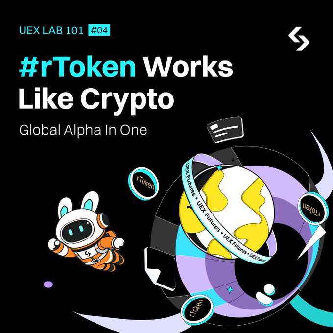 The image features a cartoon depiction of an astronaut floating in space, with a planet and stars surrounding him. The caption below the illustration reads "UEX Lab 101 #04 rToken is both reliable and incredibly versatile! Usable as margin for Futures Grid Bot trading Copy Trading Participate in Earn products to earn yields Hold quality U.S. stocks while enjoying full crypto-like flexibility!".