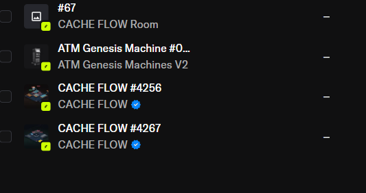A dark interface listing Discord or chat channels including #67 CACHE FLOW Room, ATM Genesis Machine #0, ATM Genesis Machines V2, CACHE FLOW #4256, and CACHE FLOW #4267.