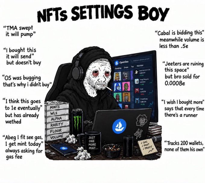 A cartoon meme titled 'NFTs SETTINGS BOY' depicting a tired, bloodshot-eyed 'wojak' trader surrounded by various NFT terms and ironic quotes about the NFT market.