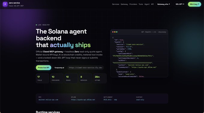 A screenshot of a website for 'zero-service' advertising 'The Solana agent backend that actually ships' with a code snippet visible.