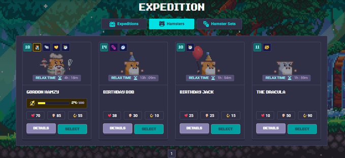 A pixel-art style video game 'EXPEDITION' menu showing a selection of four hamster characters—'GORDON RAMSEY', 'BIRTHDAY BOB', 'BIRTHDAY JACK', and 'THE DRACULA'—each with stats and a 'RELAX TIME' counter.